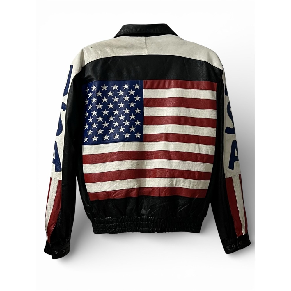 Interstate Leather‎ Mens USA American Flag Bomber Jacket Black Red White Blue M